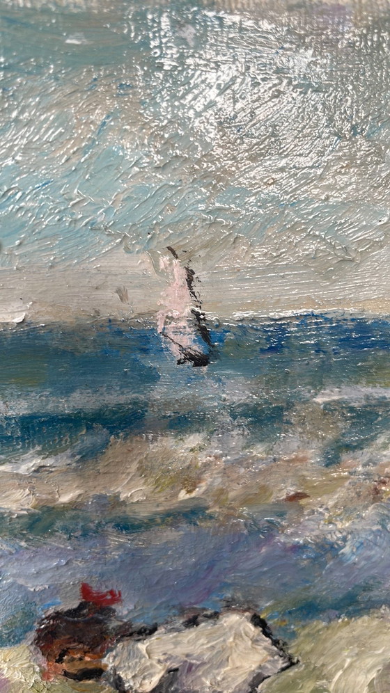 Image 1 of À la plage, huile sur toile, signée, encadrée