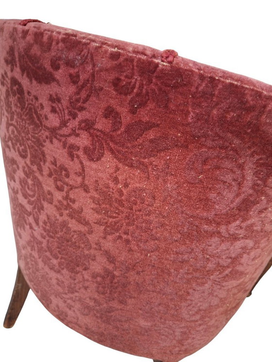 Image 1 of Élégante paire de fauteuils vintage en chêne et velours damassé des années 1960