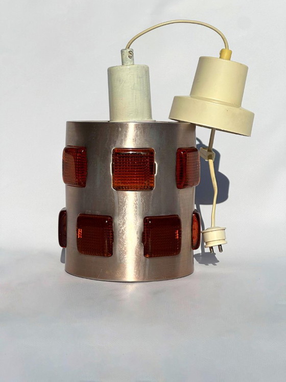 Erik Höglund & Einar Bäckström pendant lamp, red glass inserts, 1970s, Orrefors, Aluminium, Silver (photo 3 of 5)