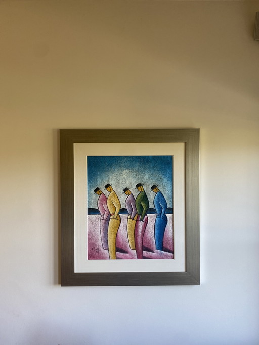 Modern kunstwerk met vijf figuren – voelbare textuur en prachtig kleurgebruik, formaat 78x89