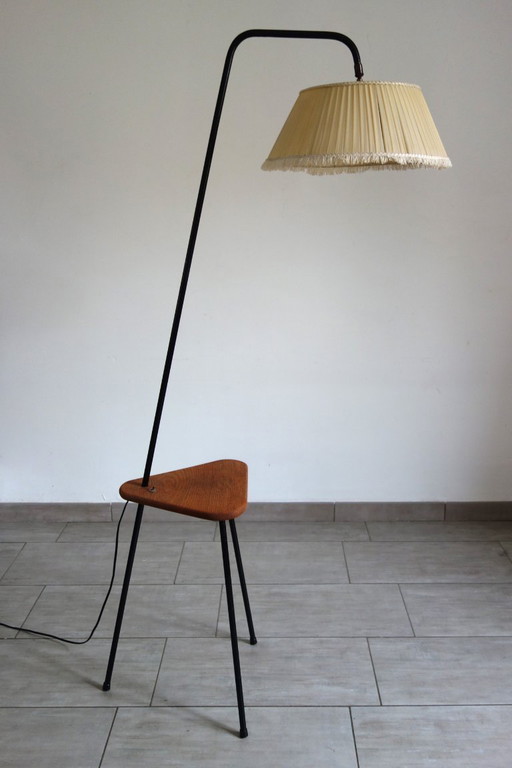 Tripod metal floor lamp with shelf, 1950s/60s, France
