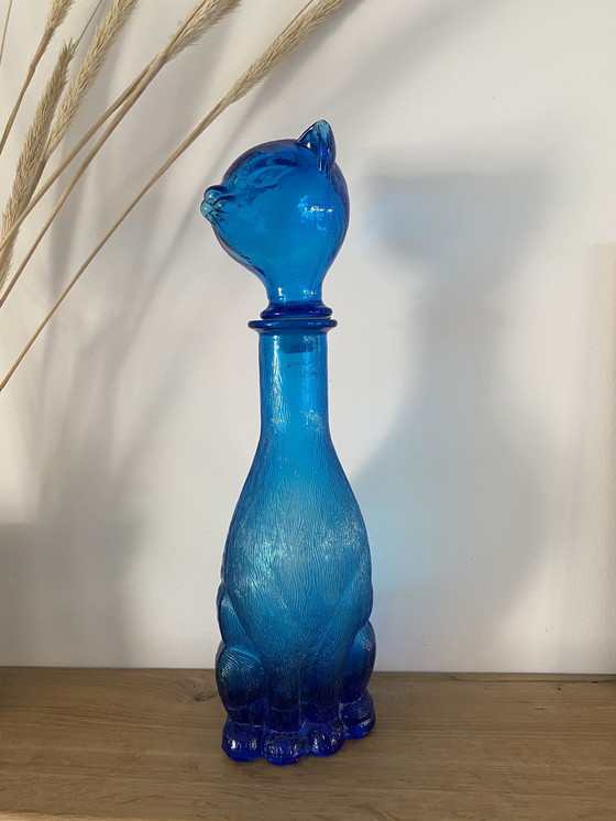Image 1 of Vintage laserblauwe figuurlijke kat Empoli art glazen karaf/fles, Italië