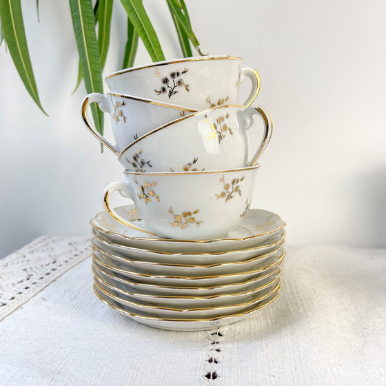 Image 1 of Set da tè/caffè vintage in porcellana bianca con finiture dorate FD Chauvigny