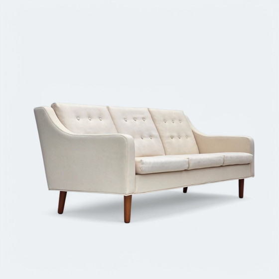 Image 1 of Sofá danés de tres plazas, años 70, lana de muebles beige/blanca, patas de madera de teca