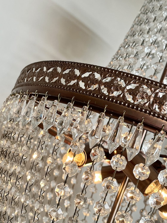 Image 1 of Vintage kristallen kroonluchter hanglamp met punt pegels Zakkroonluchter brons frame