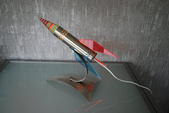 Image 1 of Rocket lamp, Red Yellow Blue made of stainless steel 1970s Space age, handmade