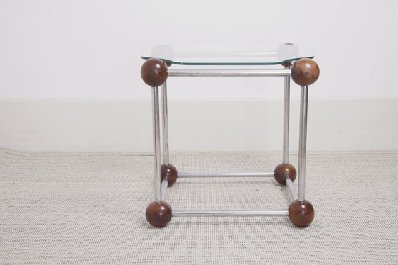 Image 1 of  Atomic MCM Side Table Vintage 1970s Mid Century Modern Space Age Chrome Glass Wood Sphere Joints Molecular Coffee Table 