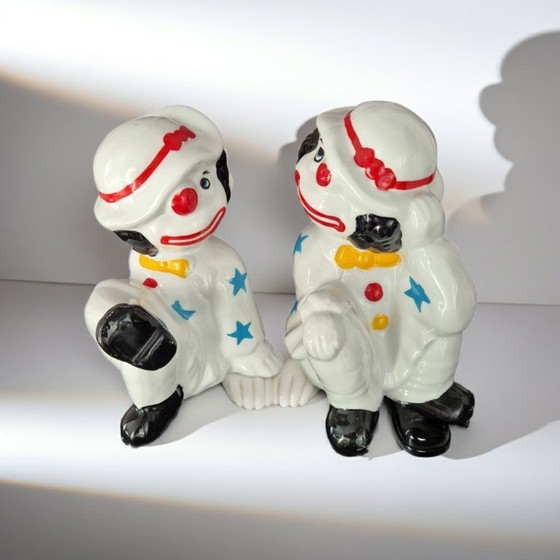 Image 1 of Paire de serre-livres vintage en céramique représentant des clowns