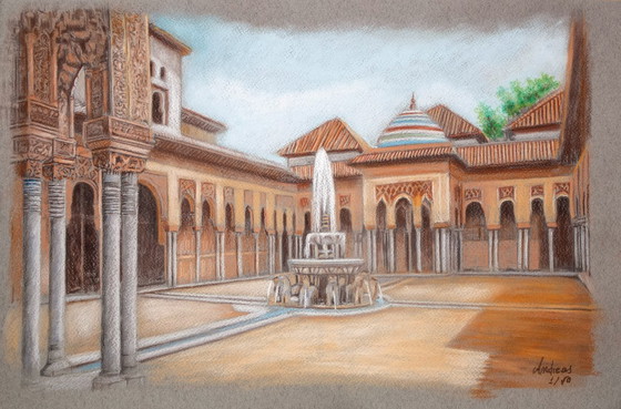 Image 1 of Drawing of the Alhambra. Court of the Lions. Painting of the Alhambra. Painting of the Court of the Lions.