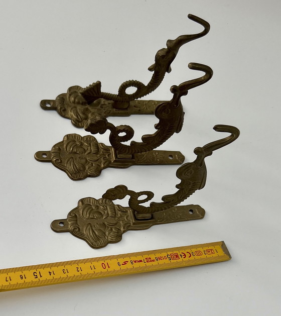 Image 1 of Set of 3 antique wall hooks – brass – Asian/Oriental inspired – circa 1950
