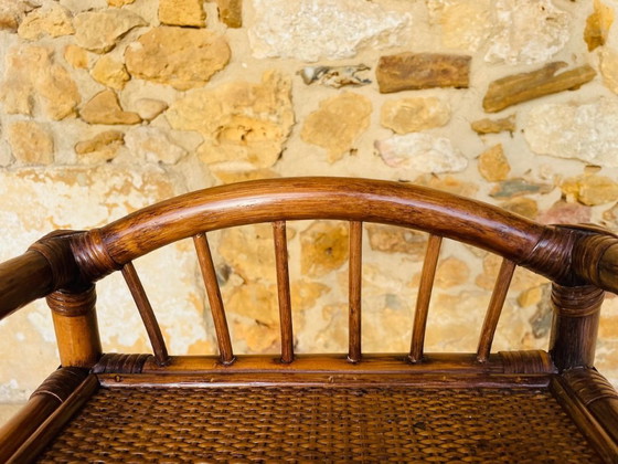 Image 1 of Mid-Century, Two-Tiered, Bamboo & Wicker Nightstand 1970s