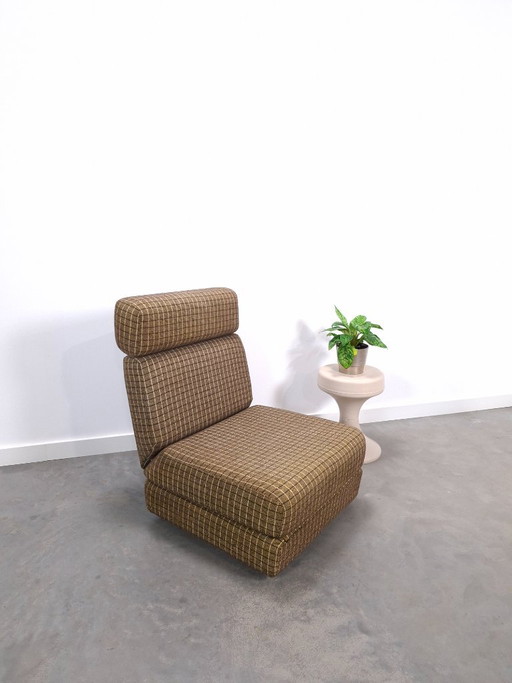 Vintage extendable sleeping armchair, lounge armchair brown checkered with chrome frame, sofa bed. No.1