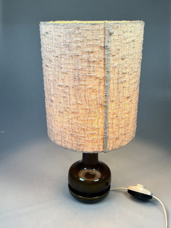 Image 1 of Vintage Earthenware Table Lamp, Green/Brown Ceramic with Wool Shade, Germany 1970s