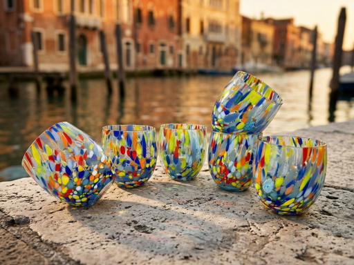 Set di 6 bicchieri in vetro soffiato veneziano con murrine Effetre Murano fuse nel vetro, hand made in italy.
