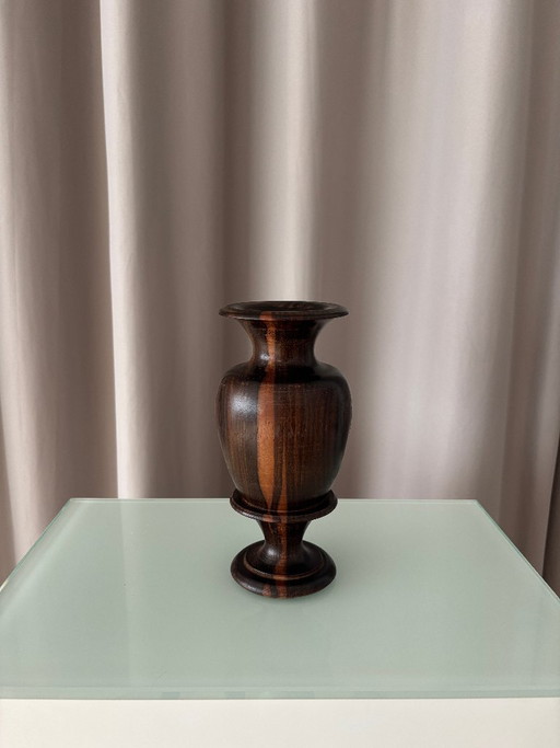 Vintage Sculptural Turned Wood Vase – Dark Hardwood – 20 cm – Artisan, vazen