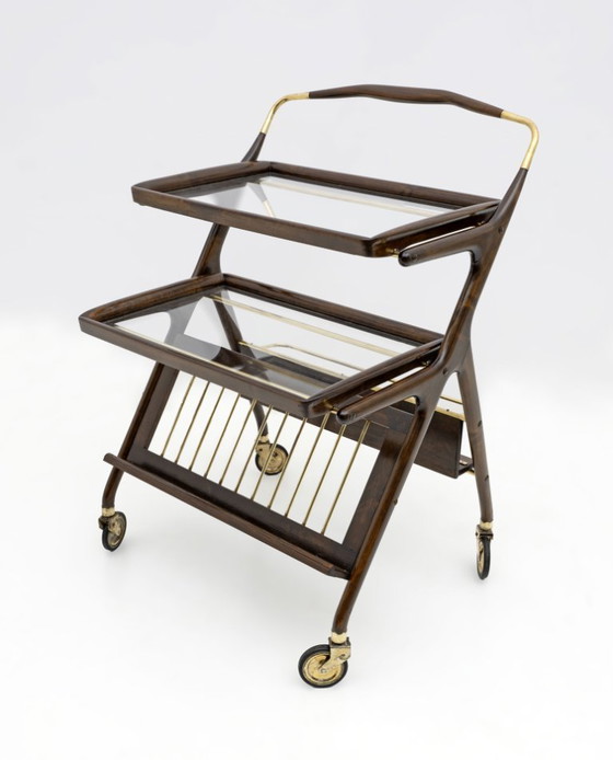 Image 1 of Cesare Lacca Mid-Century Modern Italian Walnut and Brass Bar Cart by Cassina 50s