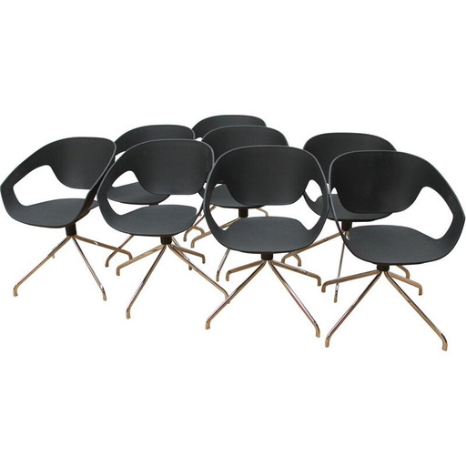 Conjunto de 8 sillones de oficina vintage en metal cromado y polipropileno negro de Luca Nichetto para Casaminia