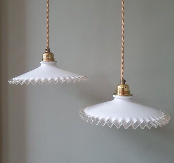 Set Vintage Pendant lamps Opaline glass - Transparent Decorative Edge – Metal (photo 21 of 24)