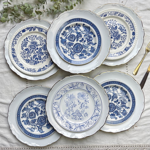 6 Vintage Porcelain Plates White Gilded + 6 Small Blue Plates Jacobean Ridgway