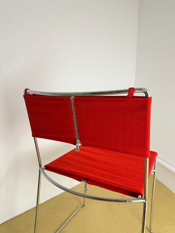 Image 1 of Chaise Delfina Enzo Mari pour Rexite 1974 Acier Chromé Tissu Kvadrat Field 2 Rouge Compasso d'Oro