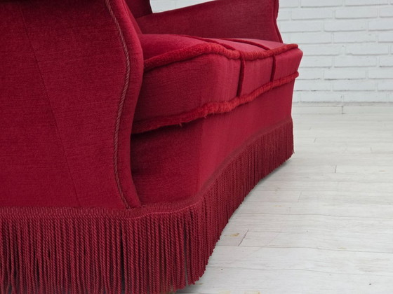 Image 1 of 1960s, Danish 3-seater curved sofa, red furniture velour.