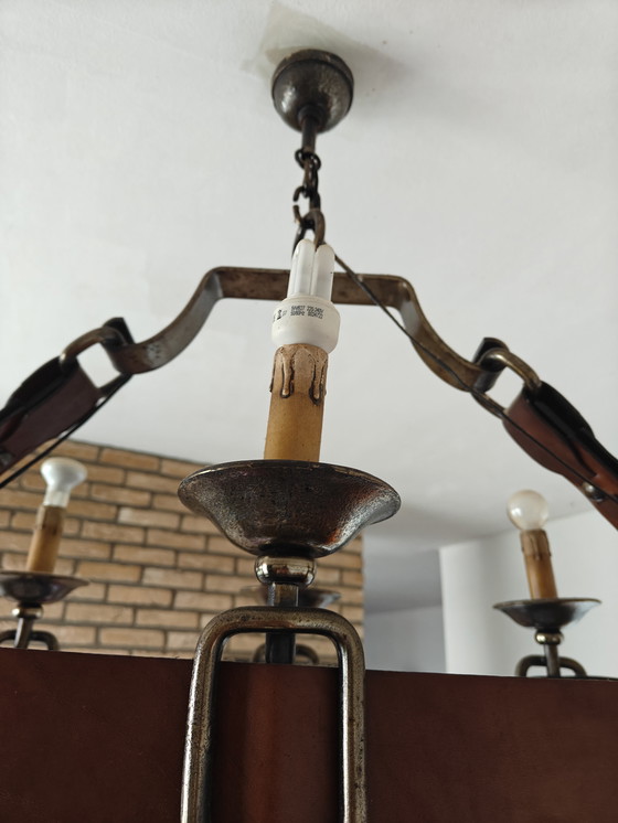 Image 1 of Lampadario francese con rivestimento in pelle, anni '50