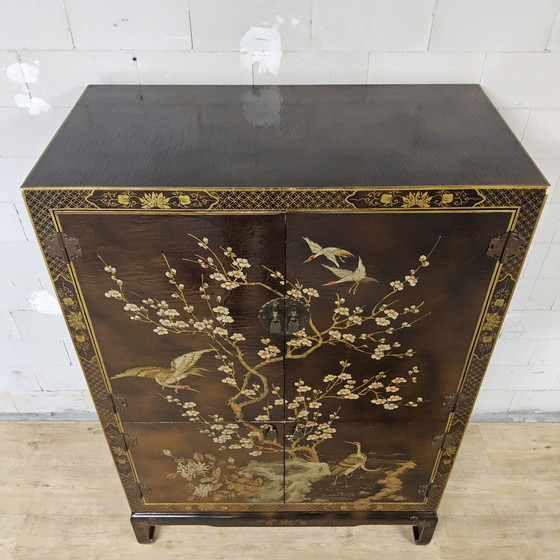 Image 1 of Vintage Chinese cabinet birds & flowers, red & gold (bohemian) Asian cabinet