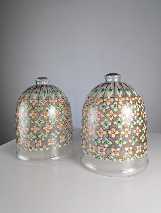 Image 1 of 2X Hand-Painted Floral Glass Lanterns