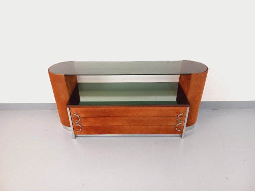Coiffeuse vintage design italien en velours suédine, chrome, verre fumé et miroir des années 70 80