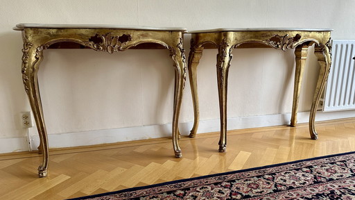 Antique 2 French carved gilded wooden consoles, 19th century