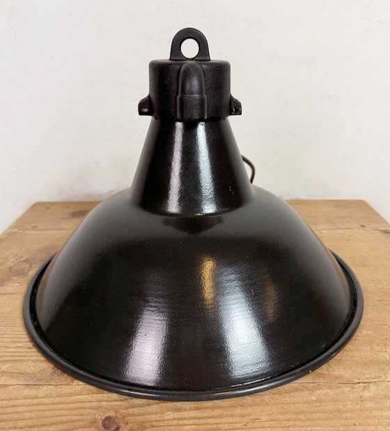 Image 1 of Set of 4 Industrial Black Enamel Factory Lamps with Cast Iron Top, 1950s