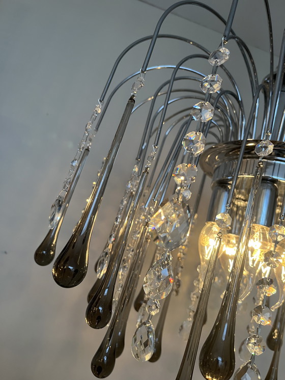 Image 1 of Lampadario a goccia XXL di design con gocce di cristallo e struttura cromata, italiano