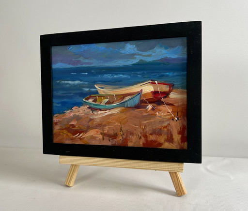 Original Oil Painting Evening Sea Landscape Calm evening sea
