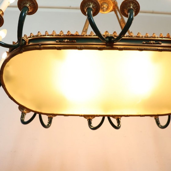 Lampadario in bronzo dorato e metallo laccato verde, 20 lampadine, Italia, inizio XX secolo. – Bronze (photo 7 of 18)