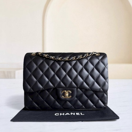 Image 1 of Chanel Classic Flap Jumbo - 30CM Quilted Lambskin Double Flap Black Gold Hardware