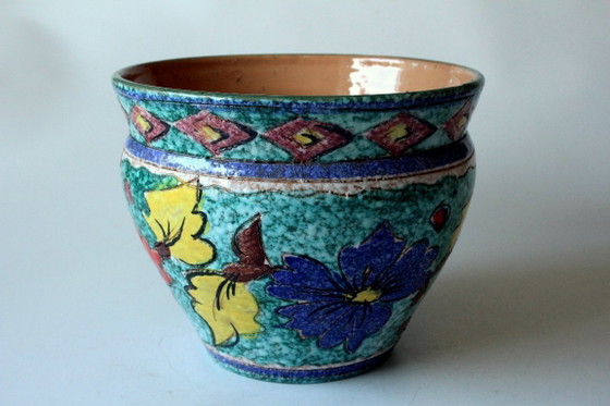 XL Handmade Ceramic Plant pot hand-painted, made in Italy, marked, Multi Color, Vintage (photo 2 of 11)