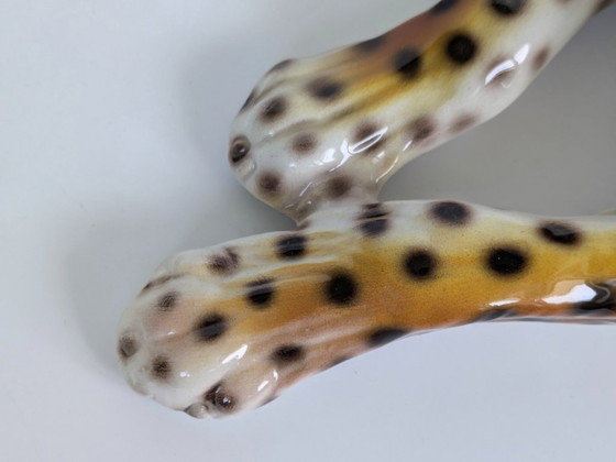 Image 1 of Large Italian Midcentury Porcelain Leopard Pair Sculpture Hollywood Regency Ronzan Style