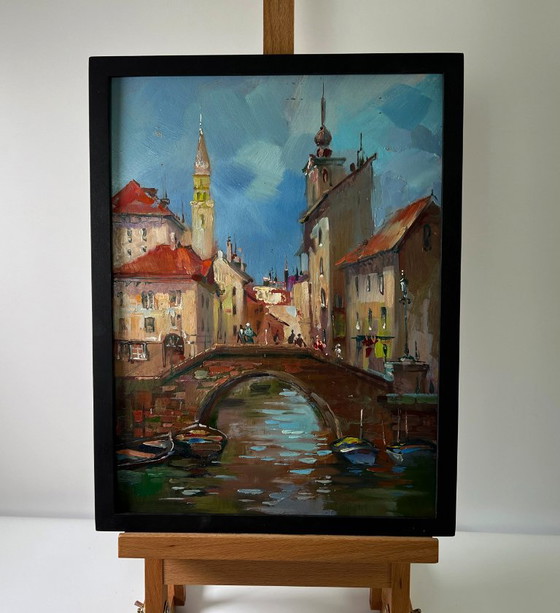 Original Oil Painting Urban Landscape Architecture Bridge City With A River – Paintings & Drawings, Mdf (photo 2 of 9)
