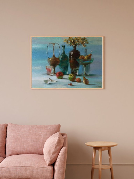 Originales Ölgemälde Abstraktes Flaschen-Früchte-Stillleben – Gemälde & Zeichnungen, Canvas (photo 3 of 12)