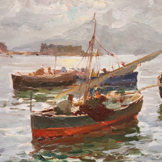 Image 1 of Gulf of Naples with Fishermen Signed R. Leone, Oil Painting on Board, Italy Early 20th Century