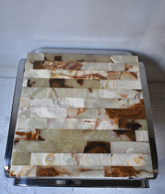 Vintage 70s Design Side Table, Onyx Mosaic & Chrome – Coffee tables, Stone, Metal (photo 5 of 12)