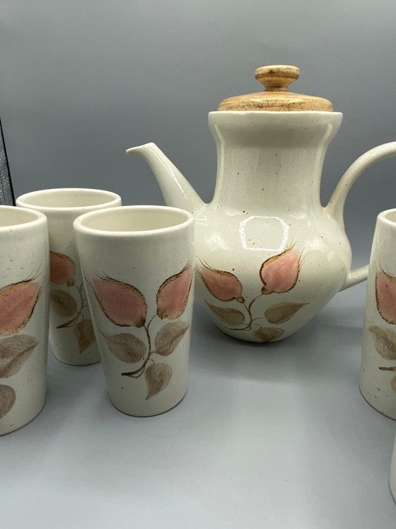 Salins France aardewerk koffieservies – koffiepot en 6 kopjes – roze bloemendesign – Cork (photo 4 of 12)