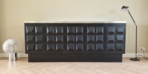Dressoir, wandmeubel, De Coene, brutalistisch design, zwart eiken, 1970s, België – Aluminium