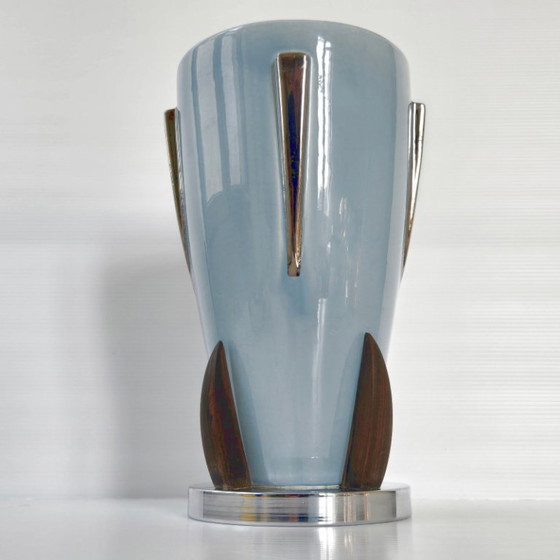Image 1 of Vintage Scandinavian Art Deco Vase, 1920s, Ceramic, Rosewood, Chrome, Retro
