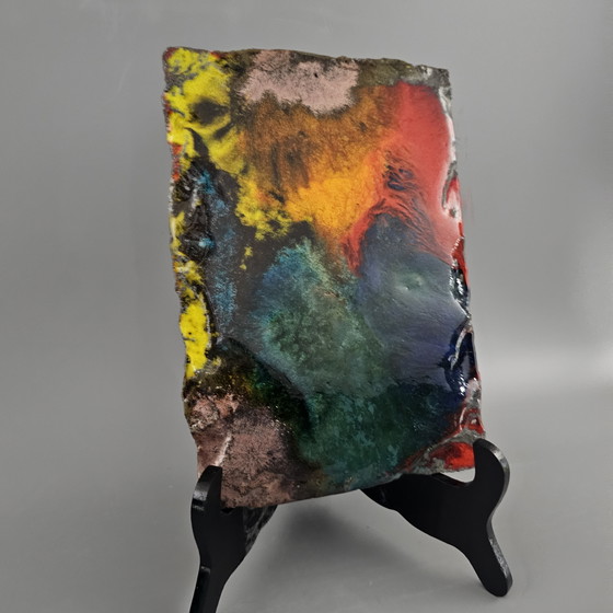 Image 1 of Targa murale antica della Germania Ovest in pietra lavica, realizzata da Vulkan Keramik / Ostara Fliesen. Colori: rosso, arancio