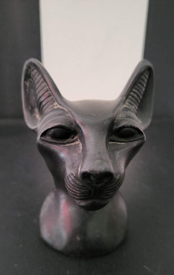 Image 1 of Black stone statuette of the Egyptian goddess Bastet.