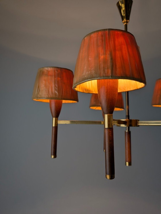 Image 1 of Danish Five-Arm Chandelier in Wood and Brass, 1950s