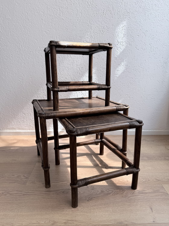 Image 1 of Ensemble de tables gigognes vintage en rotin Manou / Mime (années 1970)