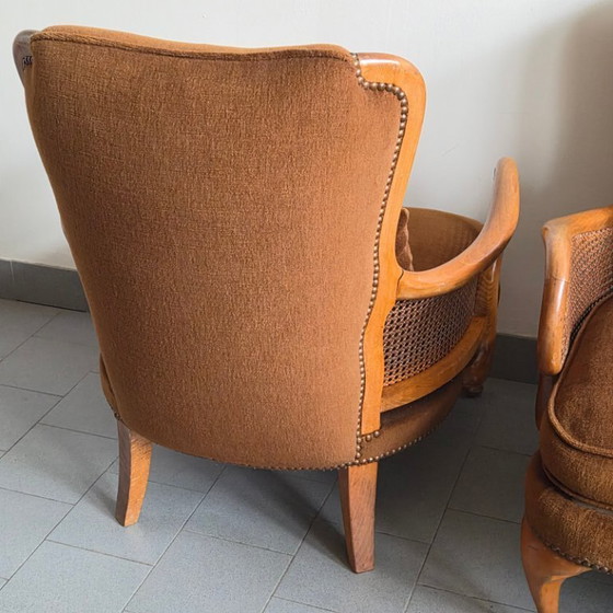 Image 1 of COPPIA DI POLTRONE BERGERE VINTAGE DEI PRIMI DEL XX SECOLO IN RATTAN E LEGNO, SUPERBAMENTE CURVE