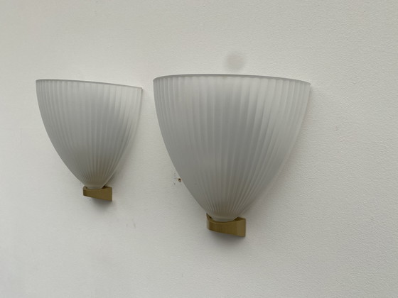 Image 1 of 2x Wall Lamp Stresa by Lucitalia. Frosted Glass with a Plastic Brass Color Fixture.
